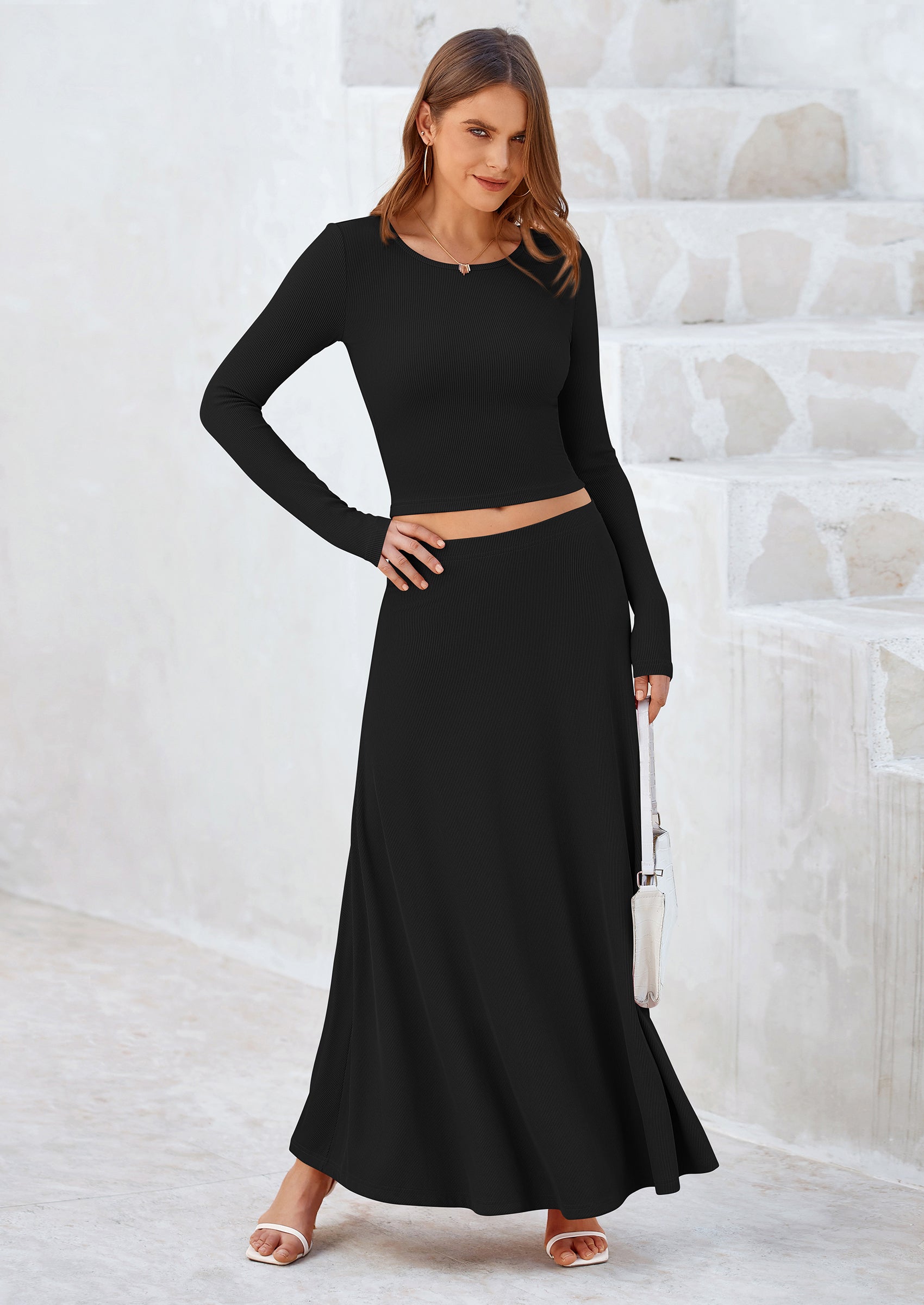 PRETTYGARDEN 2 Piece Casual Ribbed Knit Long Sleeve Crop Tops Maxi Flowy Skirts Matching Sets