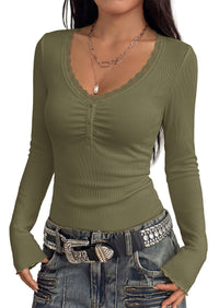 PRETTYGARDEN Womens Fall Long Sleeve Tops Lace Trim V Neck Button Henley Tshirts Slim Fitted Going Out Y2k Basic Shirts 2026
