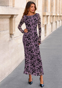 PRETTYGARDEN Women's Floral Bodycon Maxi Dress Fall Elegant Mesh Long Sleeve Formal Wedding Guest Cocktail Dresses