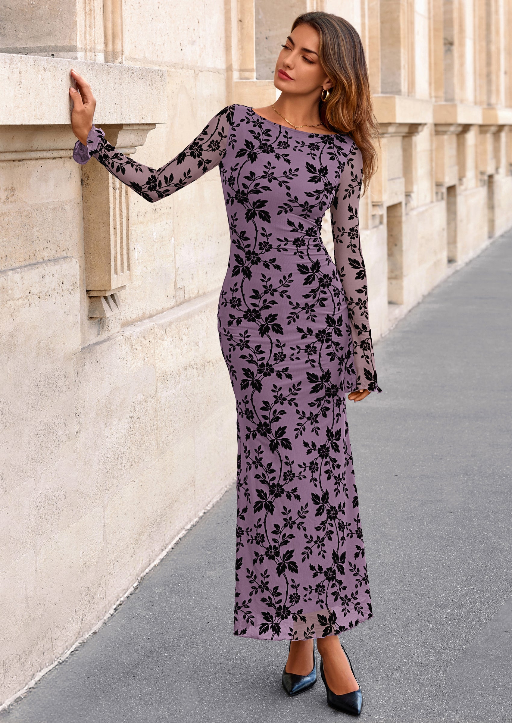 PRETTYGARDEN Women's Floral Bodycon Maxi Dress Fall Elegant Mesh Long Sleeve Formal Wedding Guest Cocktail Dresses