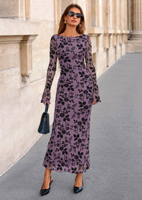PRETTYGARDEN Women's Floral Bodycon Maxi Dress Fall Elegant Mesh Long Sleeve Formal Wedding Guest Cocktail Dresses