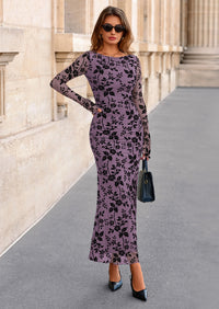 PRETTYGARDEN Women's Floral Bodycon Maxi Dress Fall Elegant Mesh Long Sleeve Formal Wedding Guest Cocktail Dresses