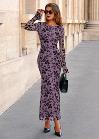 PRETTYGARDEN Women's Floral Bodycon Maxi Dress Fall Elegant Mesh Long Sleeve Formal Wedding Guest Cocktail Dresses