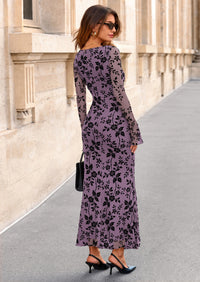 PRETTYGARDEN Women's Floral Bodycon Maxi Dress Fall Elegant Mesh Long Sleeve Formal Wedding Guest Cocktail Dresses