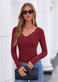 PRETTYGARDEN Women's Long Sleeve Shirts Lace Trim V Neck Ribbed Slim Fitted Basic Tees Y2K Going Out Tops  Fall Clothes