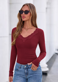 PRETTYGARDEN Women's Long Sleeve Shirts Lace Trim V Neck Ribbed Slim Fitted Basic Tees Y2K Going Out Tops  Fall Clothes