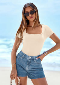 PRETTYGARDEN Womens Summer Tops Spring Trendy Short Sleeve Scoop Neck Ribbed Knit Slim Fitted Casual Basic Tee Shirts PRETTYGARDEN