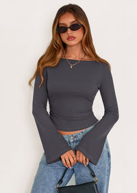 PRETTYGARDEN Women's Long Sleeve Shirts Fall Going Out Tops Casual Boat Neck Bell Sleeve Ribbed Ruched Y2K Clothes