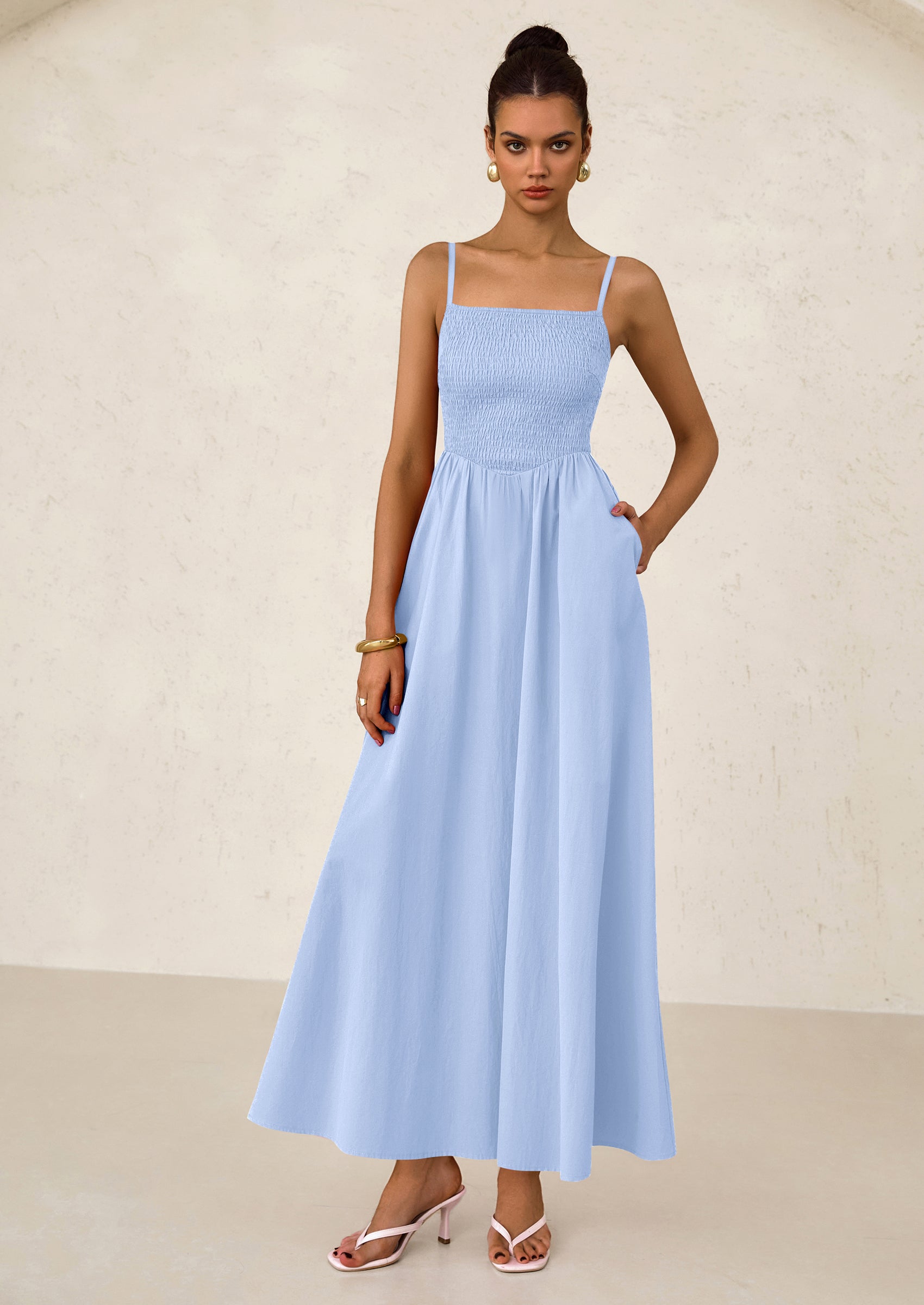 PRETTYGARDEN Women's Smocked Maxi Dresses Beach Sundress Casual Spaghetti Strap Swing A Line Long Flowy Dress