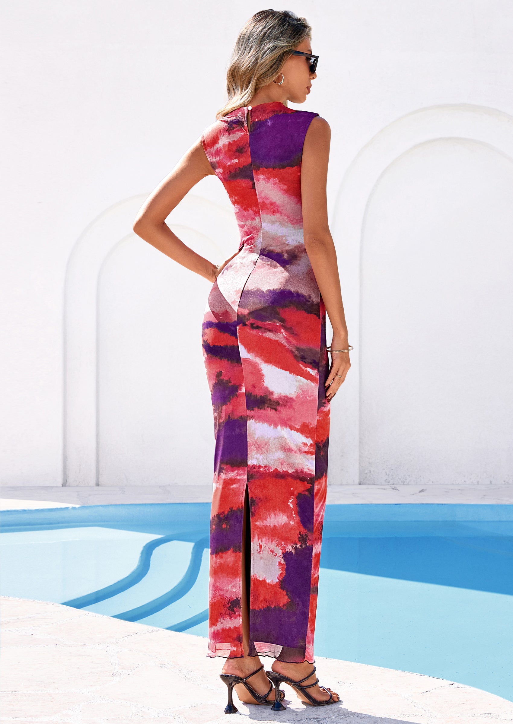 PRETTYGARDEN Summer Dresses for Women Sleeveless Bodycon Maxi Spring Mock Neck Tie Dye Mesh Cocktail Going Out Dress PRETTYGARDEN