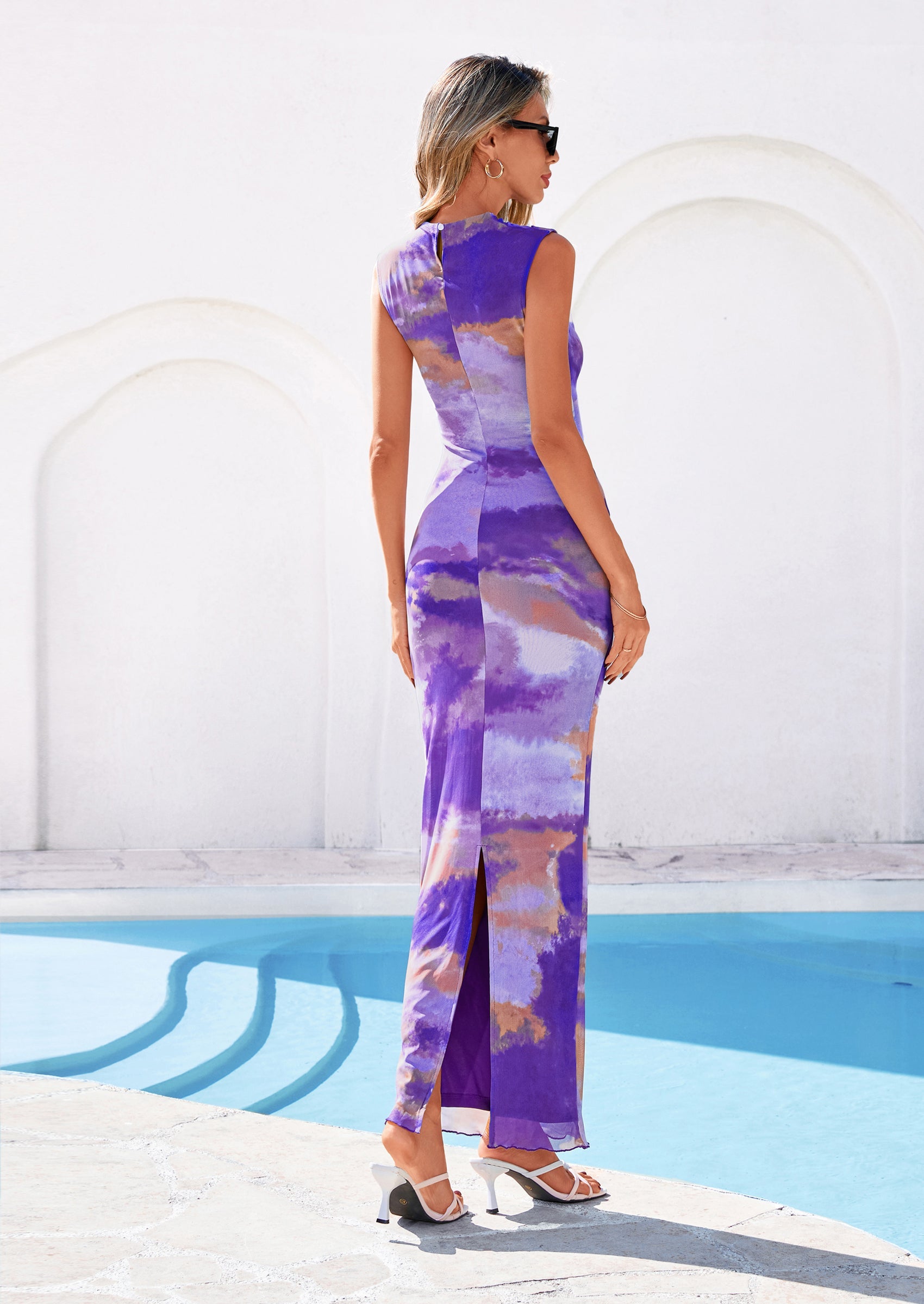 PRETTYGARDEN Summer Dresses for Women Sleeveless Bodycon Maxi Spring Mock Neck Tie Dye Mesh Cocktail Going Out Dress PRETTYGARDEN