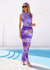 PRETTYGARDEN Summer Dresses for Women Sleeveless Bodycon Maxi Spring Mock Neck Tie Dye Mesh Cocktail Going Out Dress PRETTYGARDEN