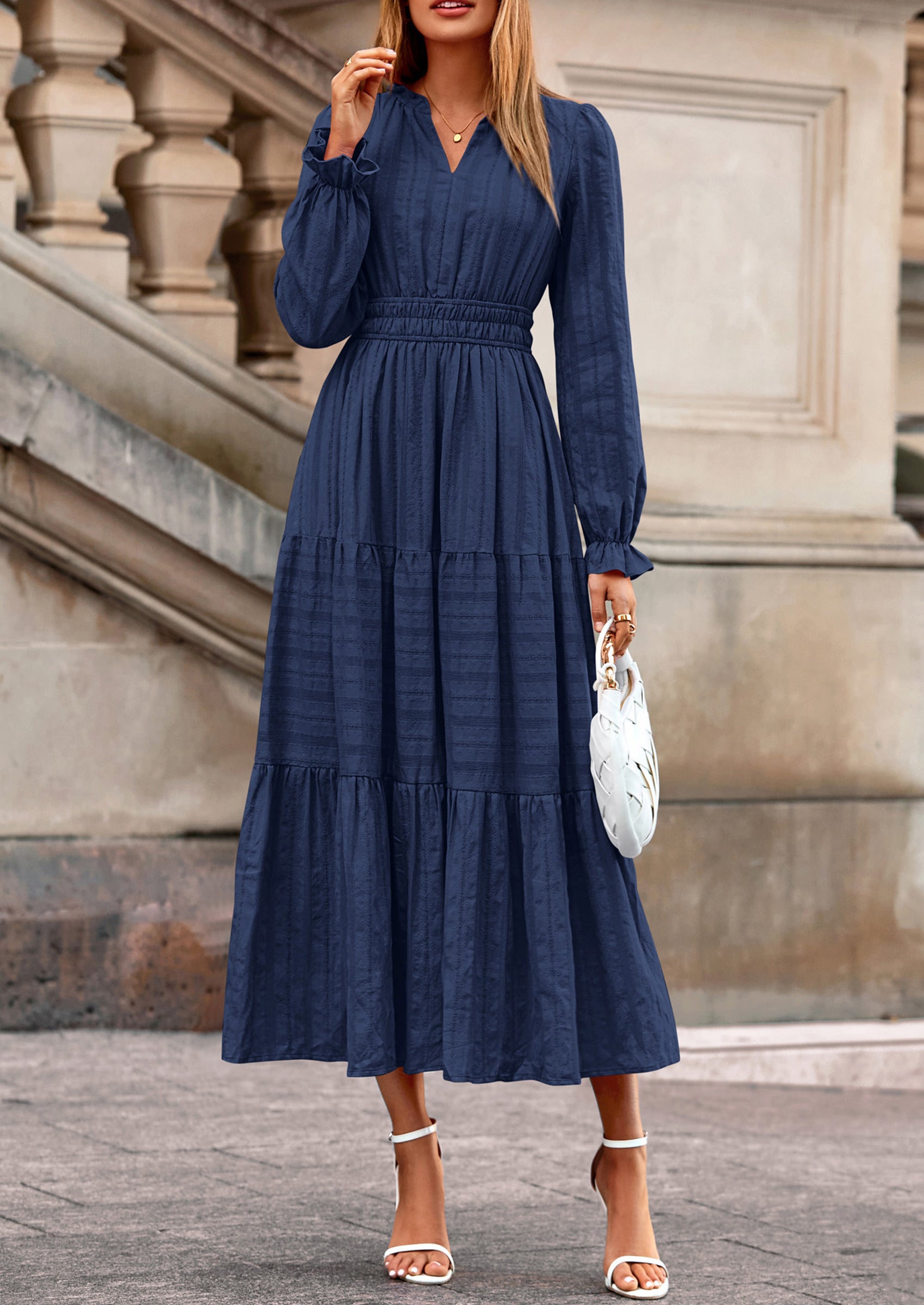 PRETTYGARDEN Women's Fall Wedding Guest Dresses Long Sleeve V Neck Flowy Elegant Holiday Party Maxi Dress with Pockets