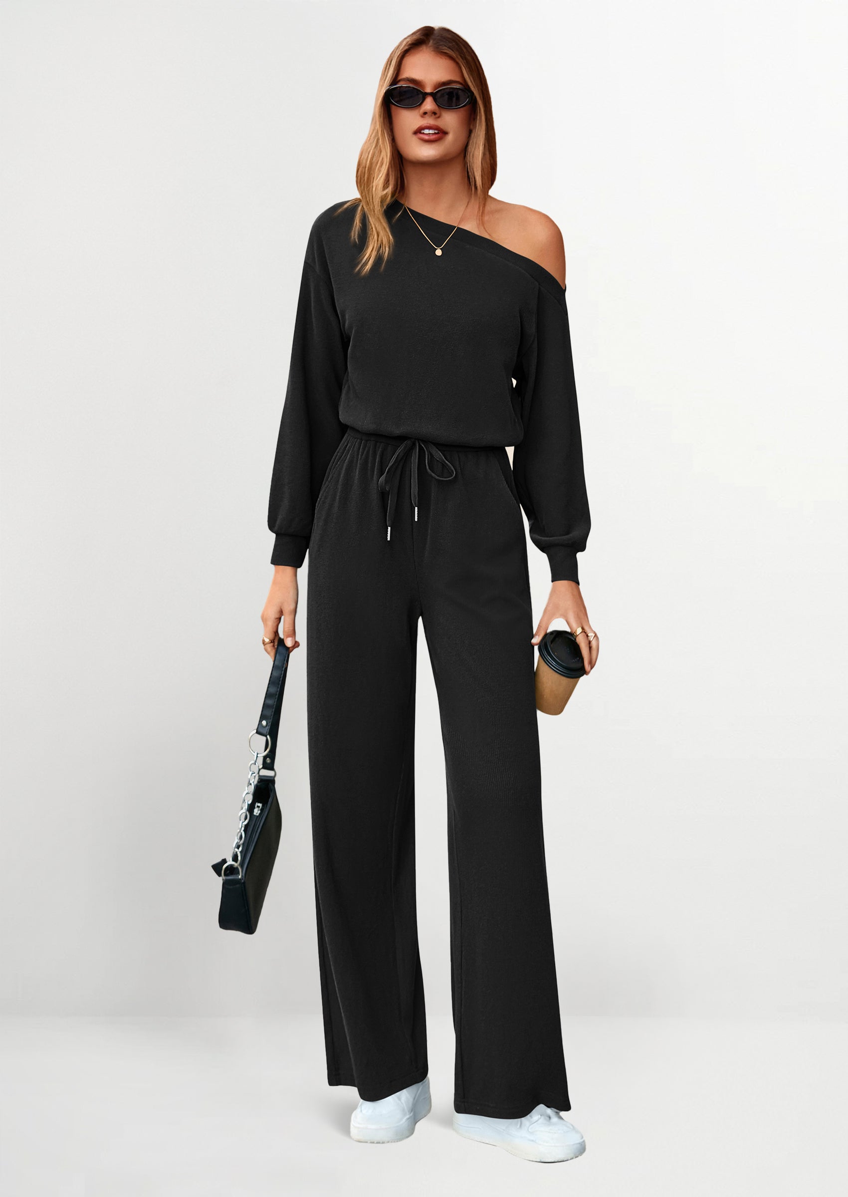 PRETTYGARDEN Long Sleeve Jumpsuit For Women Dressy Off Shoulder One Piece Loose Wide Leg Jumpsuits Casual Flowy Romper