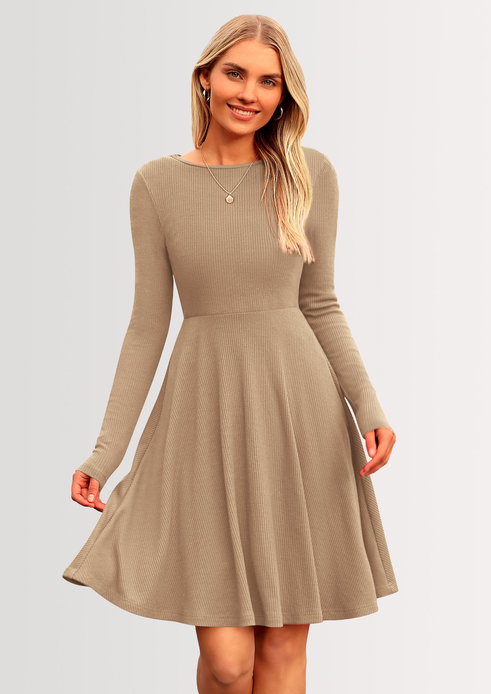 PRETTYGARDEN Women's Spring Fall Short Dress Ribbed Knit Crewneck Long Sleeve A Line Flowy Casual Elegant Going Out Dresses