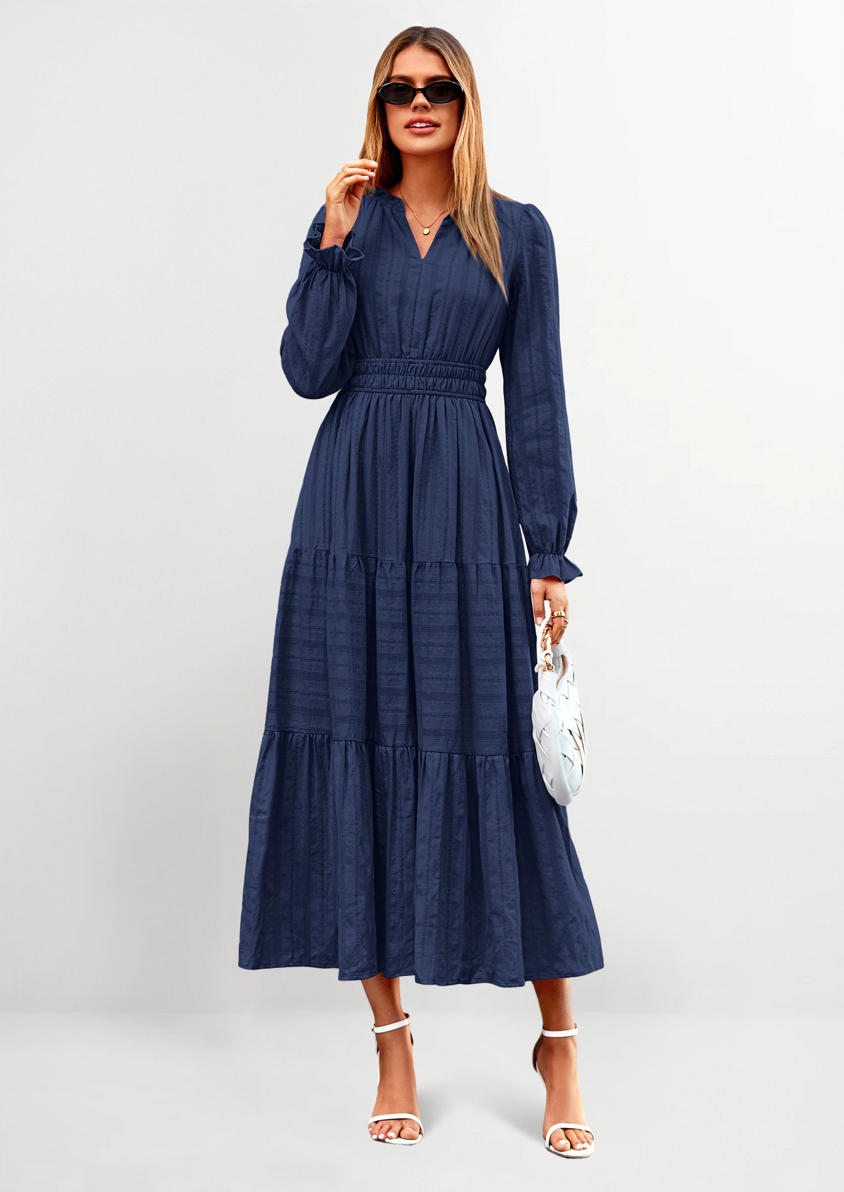 PRETTYGARDEN Women's Fall Wedding Guest Dresses Long Sleeve V Neck Flowy Elegant Holiday Party Maxi Dress with Pockets