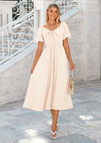 PRETTYGARDEN Summer Dress for Women Casual Short Sleeve Bow Tie V Neck Ruffle Midi Flowy Dresses