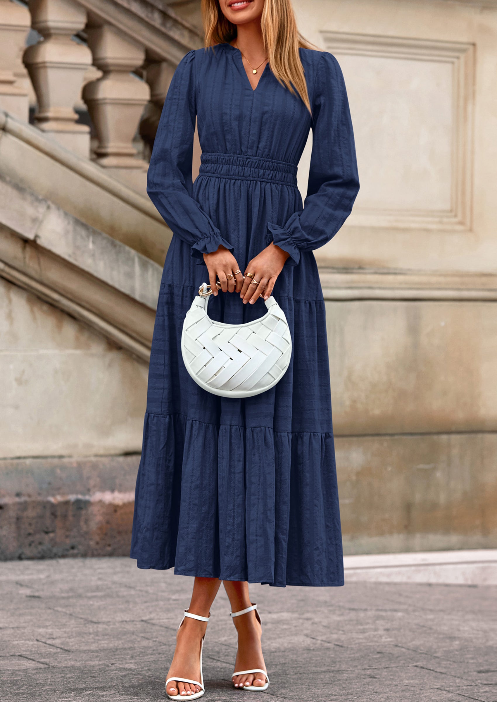 PRETTYGARDEN Women's Fall Wedding Guest Dresses Long Sleeve V Neck Flowy Elegant Holiday Party Maxi Dress with Pockets