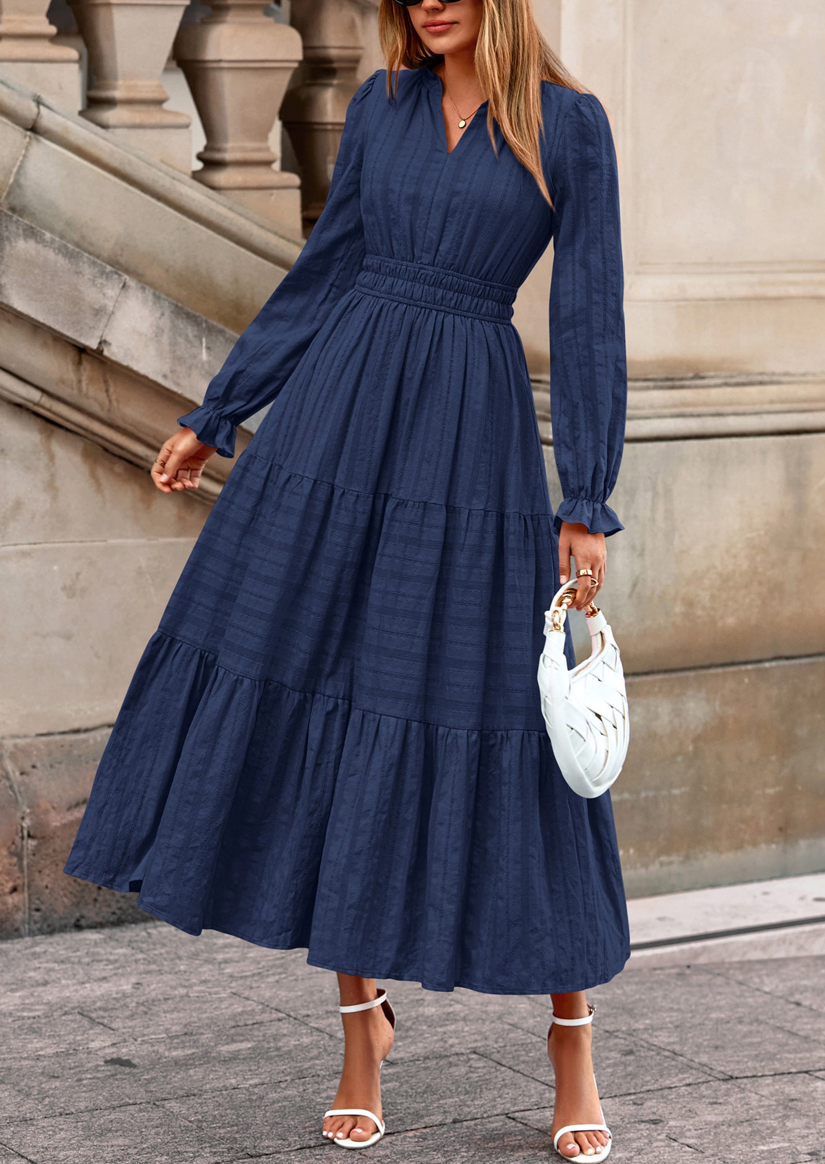 PRETTYGARDEN Women's Fall Wedding Guest Dresses Long Sleeve V Neck Flowy Elegant Holiday Party Maxi Dress with Pockets