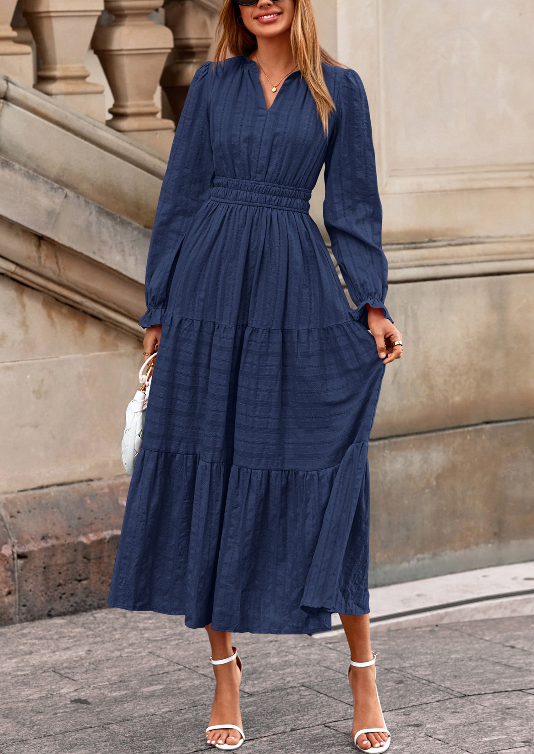 PRETTYGARDEN Women's Fall Wedding Guest Dresses Long Sleeve V Neck Flowy Elegant Holiday Party Maxi Dress with Pockets