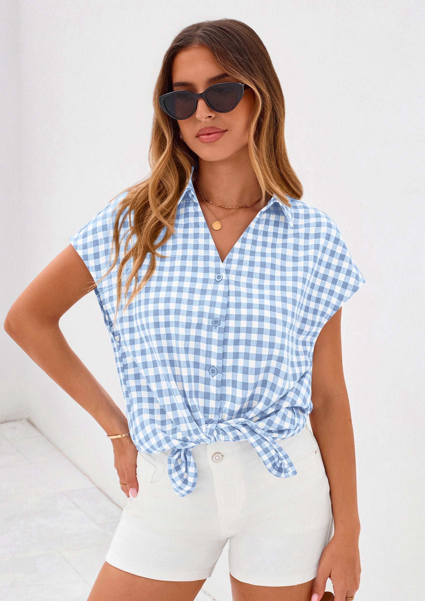 PRETTYGARDEN Womens Button Dwon Shirts V Neck Short Cap Sleeve Collared Plaid Tops Summer Spring Casual Blouses Clothes PRETTYGARDEN