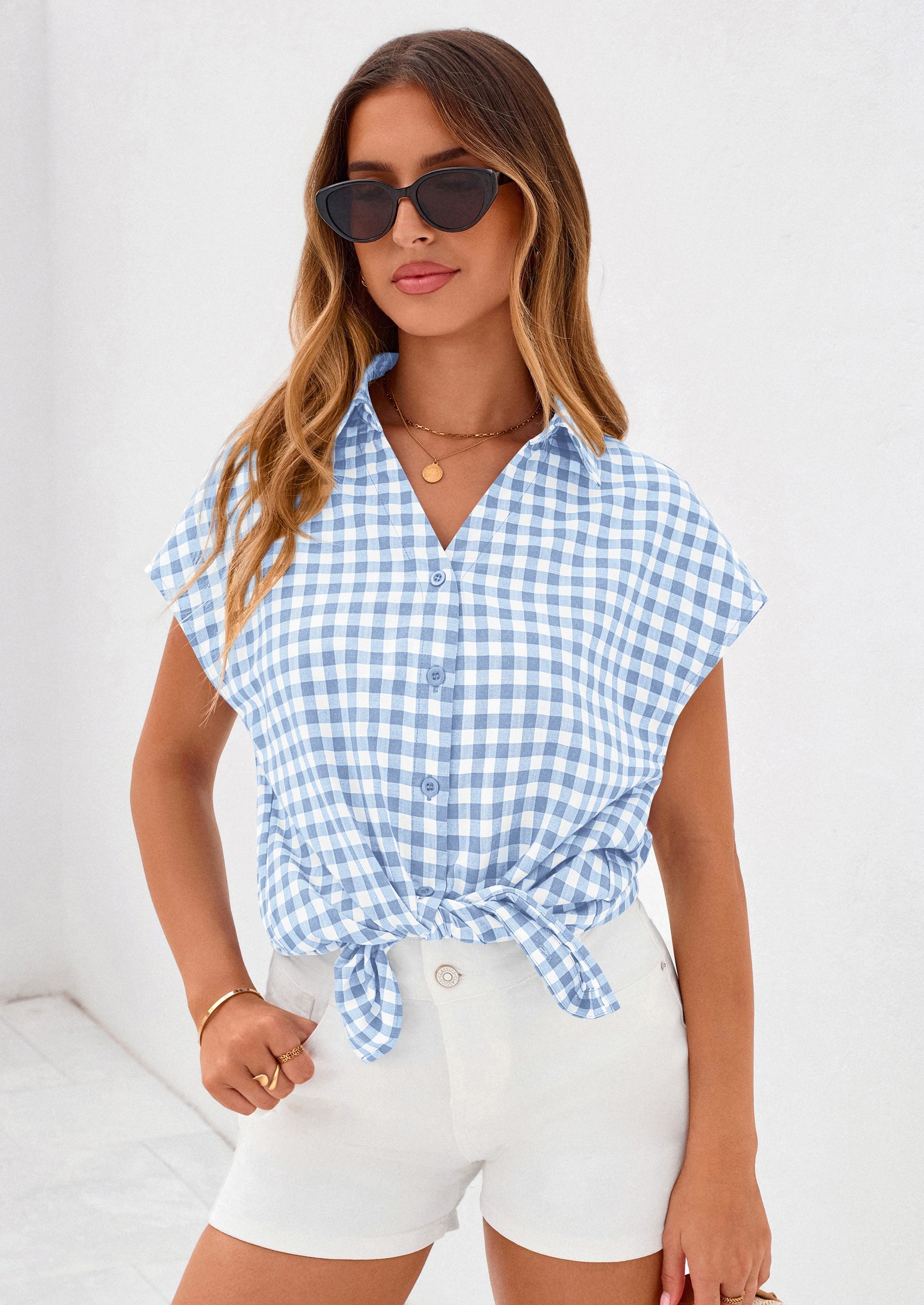 PRETTYGARDEN Womens Button Dwon Shirts V Neck Short Cap Sleeve Collared Plaid Tops Summer Spring Casual Blouses Clothes PRETTYGARDEN