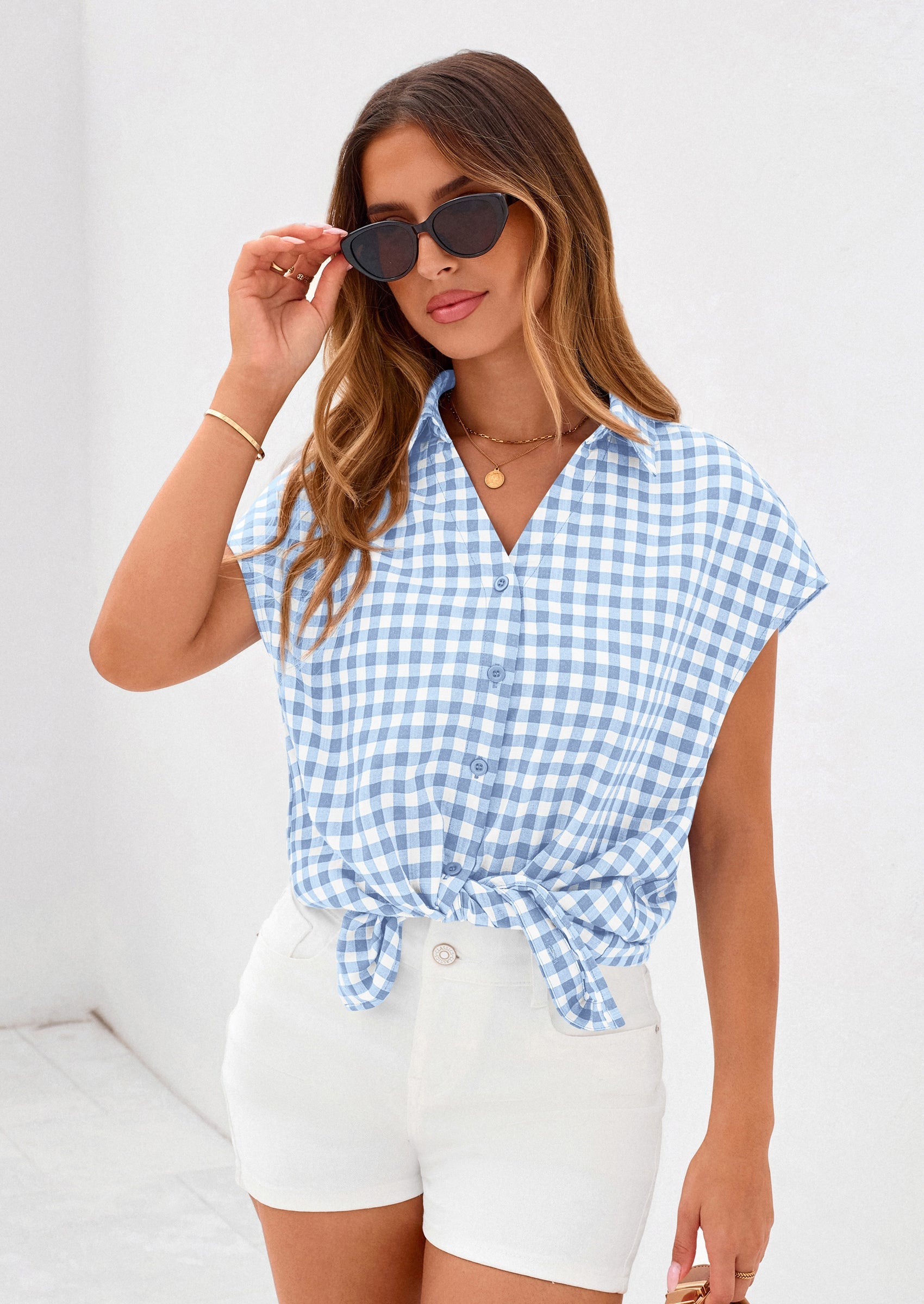 PRETTYGARDEN Womens Button Dwon Shirts V Neck Short Cap Sleeve Collared Plaid Tops Summer Spring Casual Blouses Clothes PRETTYGARDEN