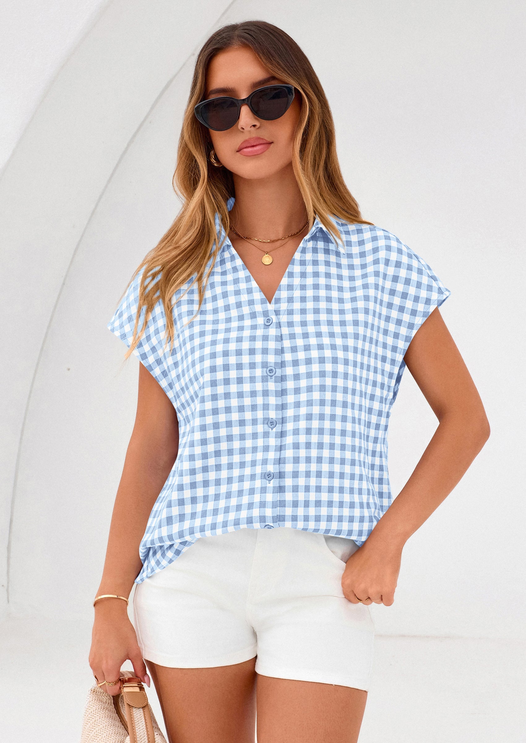 PRETTYGARDEN Womens Button Dwon Shirts V Neck Short Cap Sleeve Collared Plaid Tops Summer Spring Casual Blouses Clothes PRETTYGARDEN