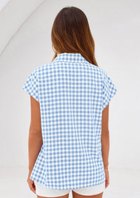 PRETTYGARDEN Womens Button Dwon Shirts V Neck Short Cap Sleeve Collared Plaid Tops Summer Spring Casual Blouses Clothes PRETTYGARDEN