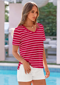 PRETTYGARDEN Short Sleeve Shirts for Women Spring V Neck Cute Tops Casual Striped Shirt Knitted Tees Summer Outfits