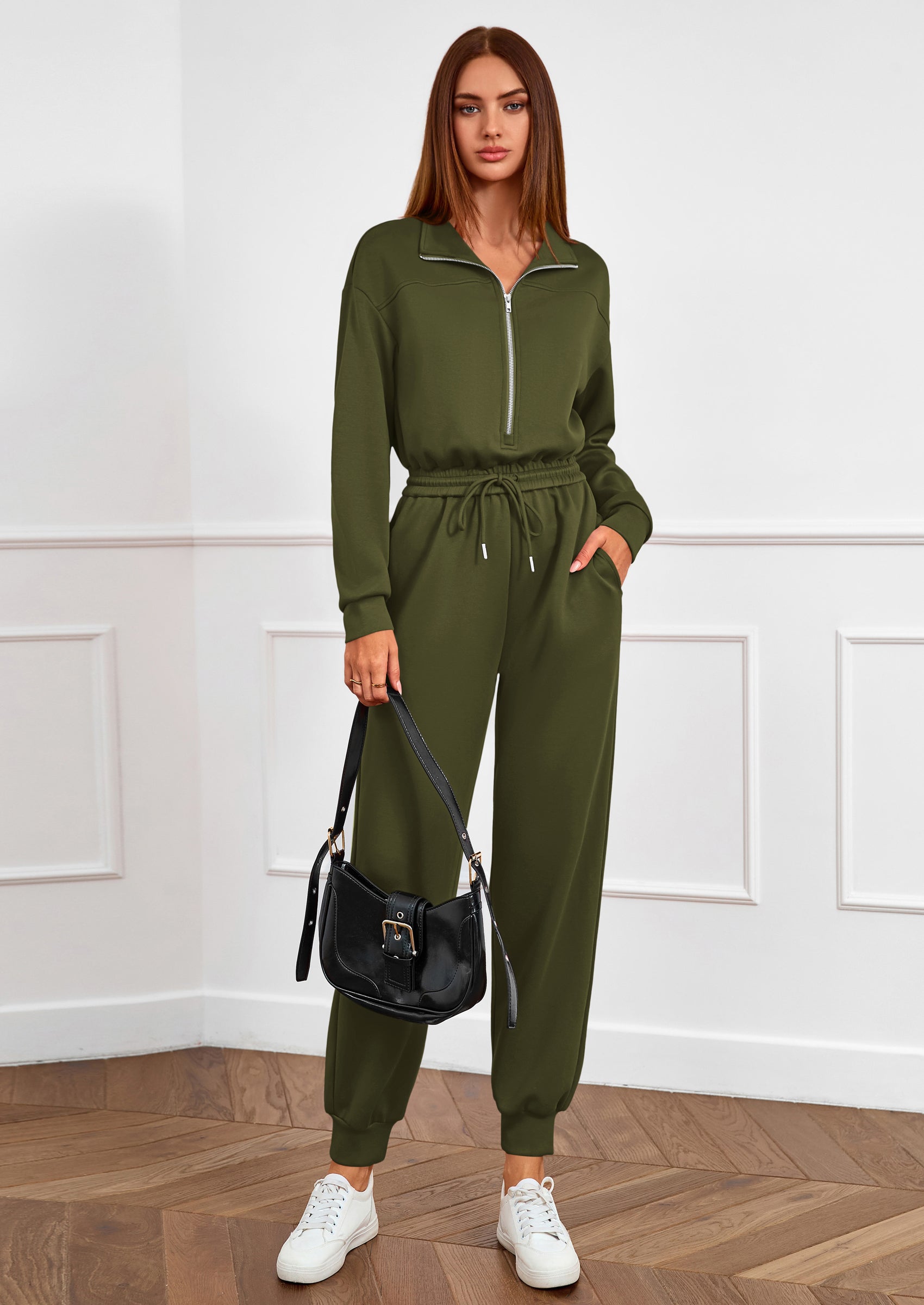 PRETTYGARDEN Long Sleeve Jumpsuits for Women Casual  Fall Fashion Zip Up Pant Rompers One Piece Sweatsuits Travel Outfits