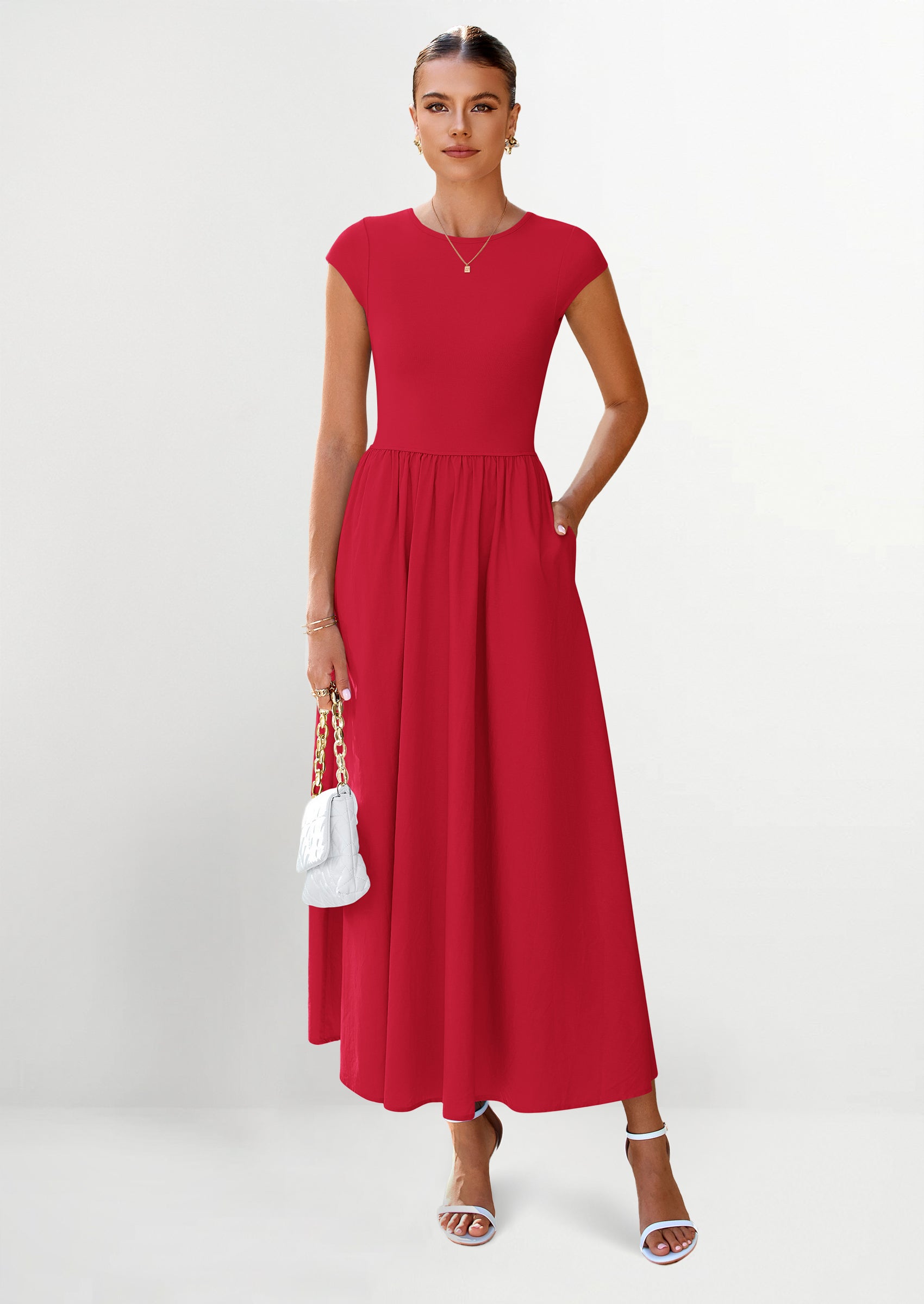 PRETTYGARDEN Women's Casual Long Dresses Cap Sleeve Patchwork A Line Flowy Modest Elegant Homecoming Maxi Dress