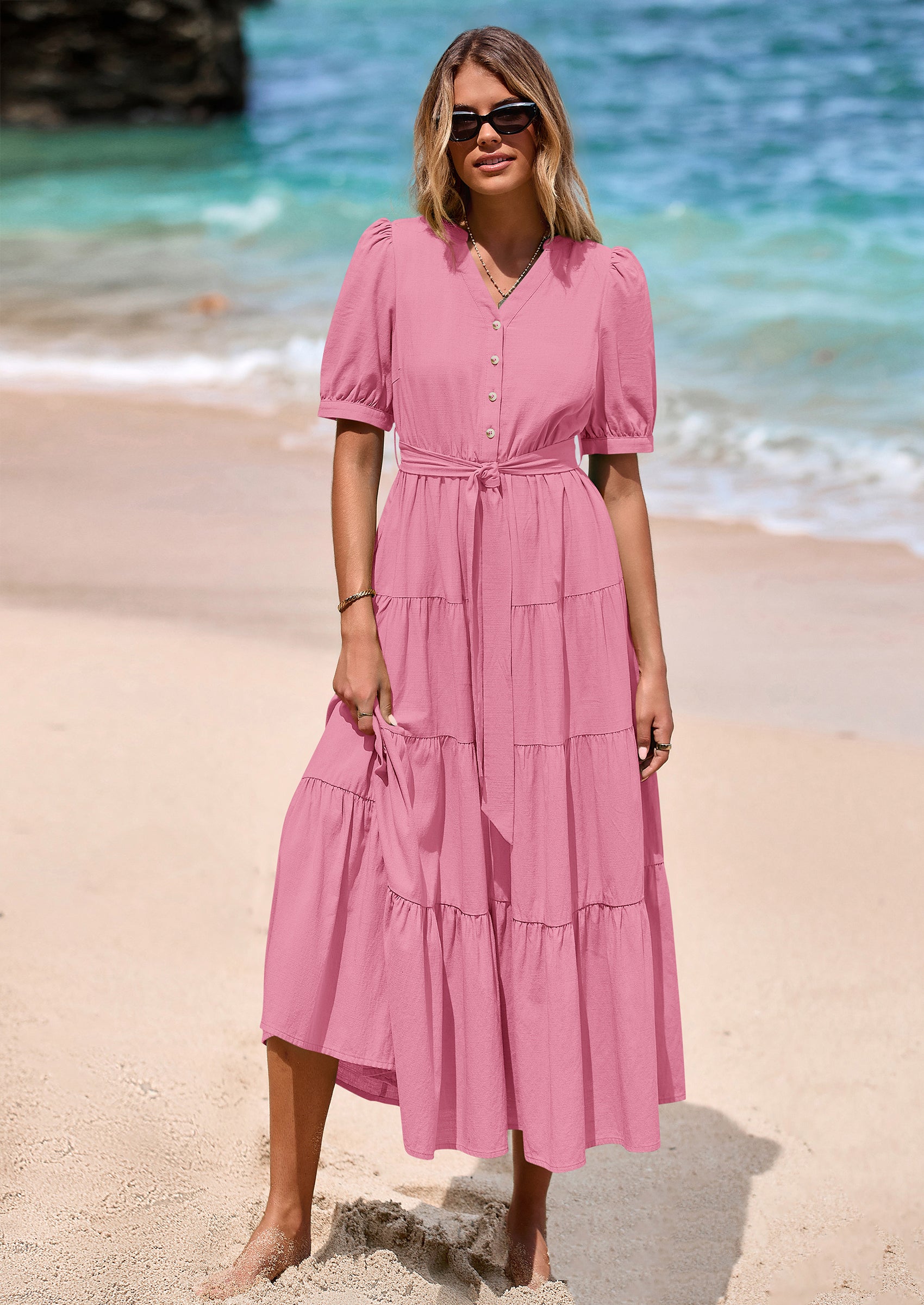 PRETTYGARDEN Women's Midi Dress Casual Short Sleeve V Neck Buttons Belted Ruffle A Line Flowy Dress with Pockets