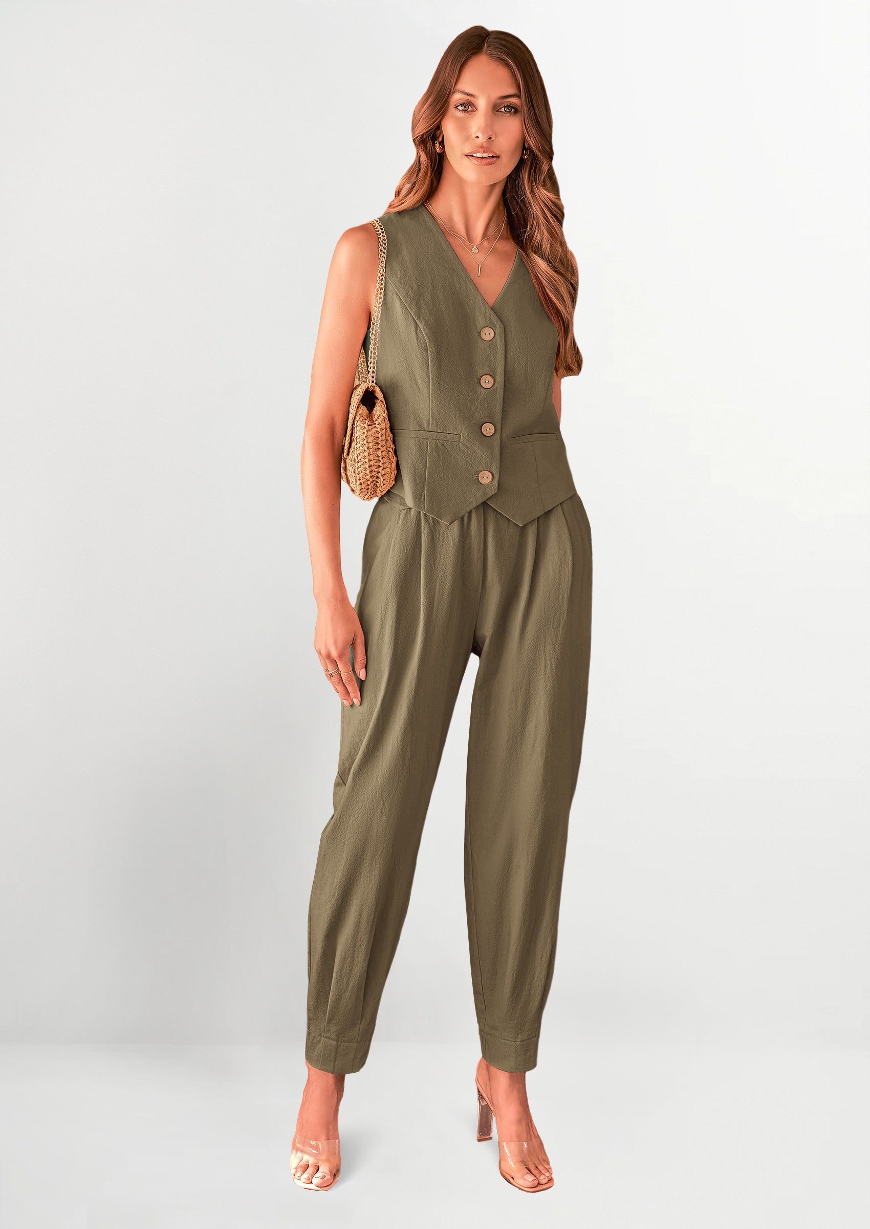 PRETTYGARDEN Two Piece V Neck Button Front Cropped Tank Tops Vest Pockets Pants Cotton Sets