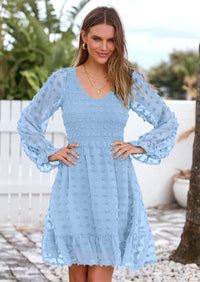 BTFBM Spring Dresses for Women 2026 Long Sleeve Casual V Neck Swiss Dot Smocked Ruffle Chiffon Flowy Mini Summer Dress PRETTYGARDEN