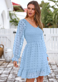 BTFBM Spring Dresses for Women 2026 Long Sleeve Casual V Neck Swiss Dot Smocked Ruffle Chiffon Flowy Mini Summer Dress PRETTYGARDEN