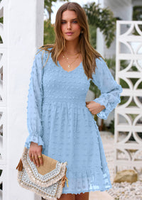 BTFBM Spring Dresses for Women 2026 Long Sleeve Casual V Neck Swiss Dot Smocked Ruffle Chiffon Flowy Mini Summer Dress PRETTYGARDEN