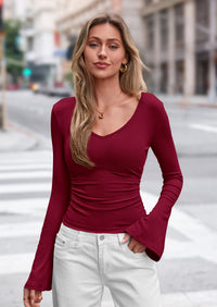 PRETTYGARDEN Women Fall Long Bell Sleeve Shirts Ribbed V Neck Fitted Ruched Trendy Y2K Going Out Tee Tops Summer Clothes
