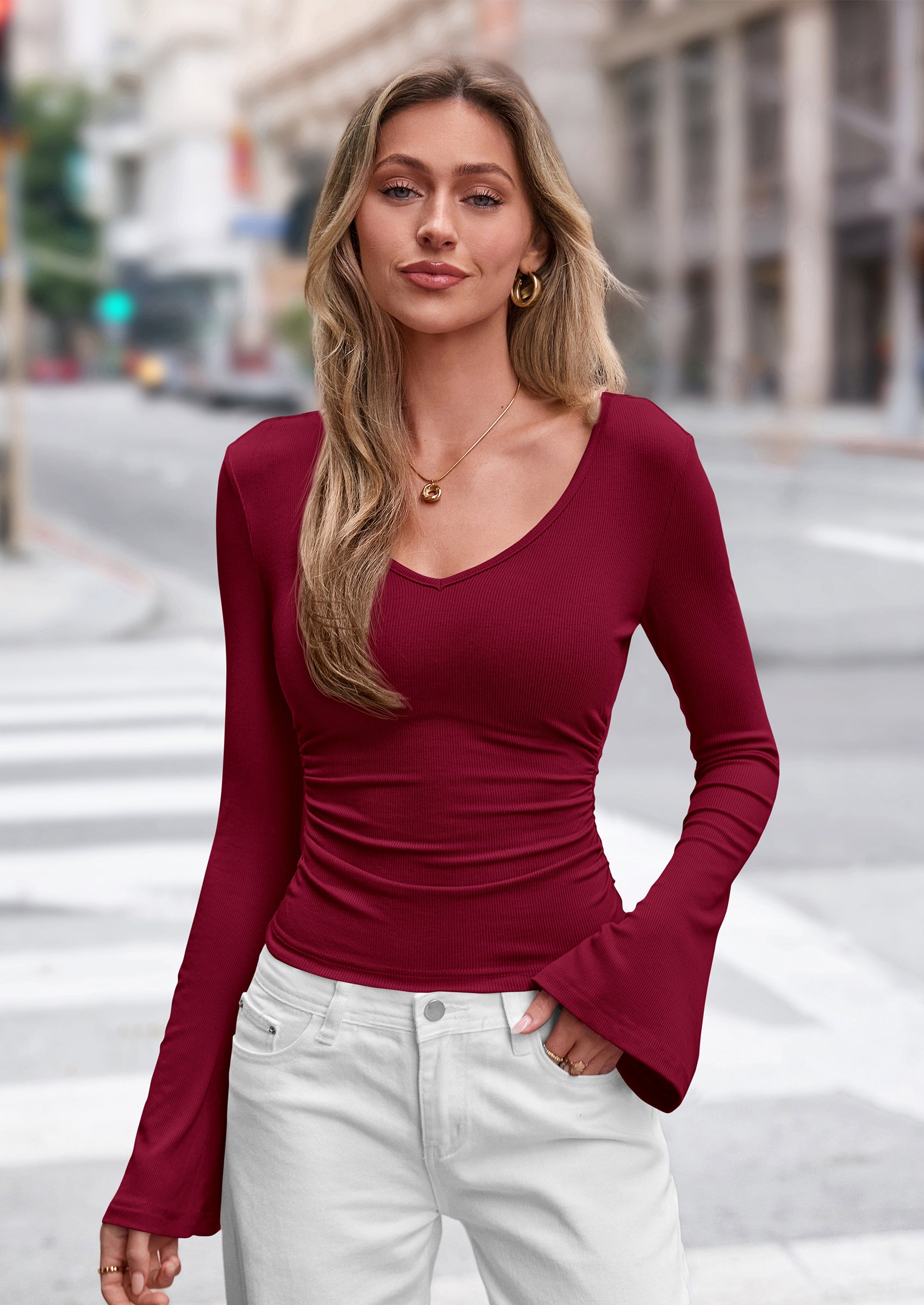 PRETTYGARDEN Women Fall Long Bell Sleeve Shirts Ribbed V Neck Fitted Ruched Trendy Y2K Going Out Tee Tops Summer Clothes