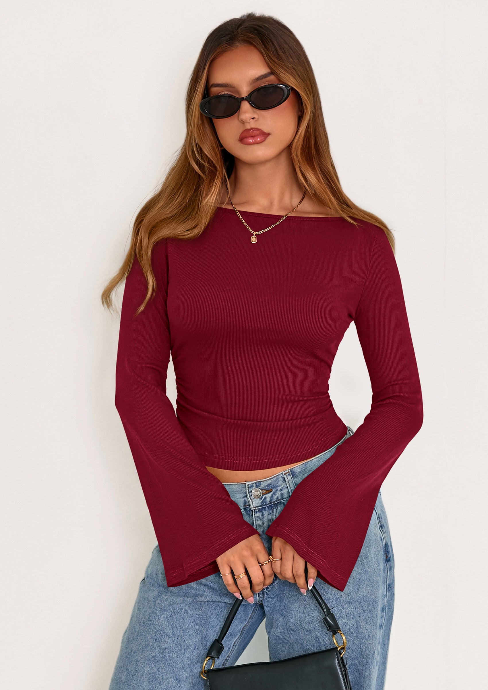 PRETTYGARDEN Women's Long Sleeve Shirts Fall Going Out Tops Casual Boat Neck Bell Sleeve Ribbed Ruched Y2K Clothes