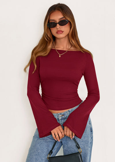 PRETTYGARDEN Women's Long Sleeve Shirts Fall Going Out Tops Casual Boat Neck Bell Sleeve Ribbed Ruched Y2K Clothes