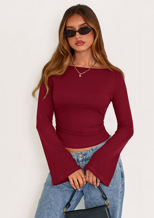 PRETTYGARDEN Women's Long Sleeve Shirts Fall Going Out Tops Casual Boat Neck Bell Sleeve Ribbed Ruched Y2K Clothes PRETTYGARDEN