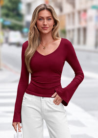 PRETTYGARDEN Women Fall Long Bell Sleeve Shirts Ribbed V Neck Fitted Ruched Trendy Y2K Going Out Tee Tops Summer Clothes