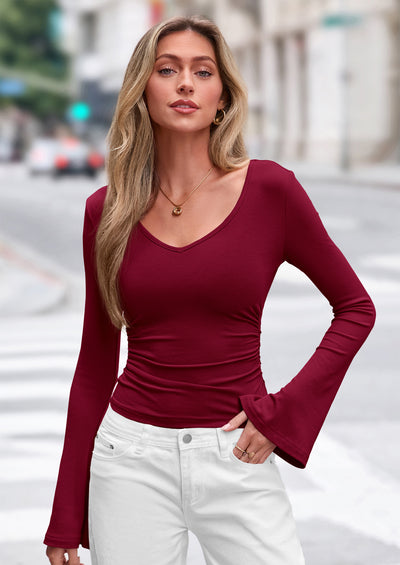 PRETTYGARDEN Women Fall Long Bell Sleeve Shirts Ribbed V Neck Fitted Ruched Trendy Y2K Going Out Tee Tops Summer Clothes