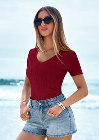 PRETTYGARDEN Women Spring Tops Trendy Ribbed Short Sleeve V Neck Fitted Basic Tee Shirts Casual Going Out Summer Outfits PRETTYGARDEN