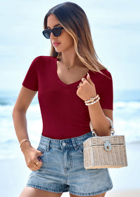 PRETTYGARDEN Women Spring Tops Trendy Ribbed Short Sleeve V Neck Fitted Basic Tee Shirts Casual Going Out Summer Outfits PRETTYGARDEN