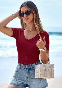 PRETTYGARDEN Women Spring Tops Trendy Ribbed Short Sleeve V Neck Fitted Basic Tee Shirts Casual Going Out Summer Outfits PRETTYGARDEN
