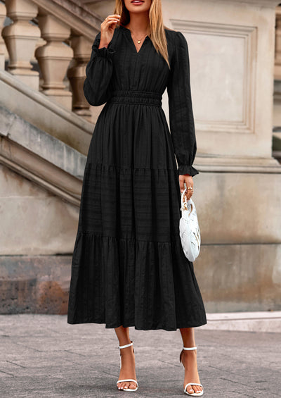 PRETTYGARDEN Women's Fall Wedding Guest Dresses Long Sleeve V Neck Flowy Elegant Holiday Party Maxi Dress with Pockets