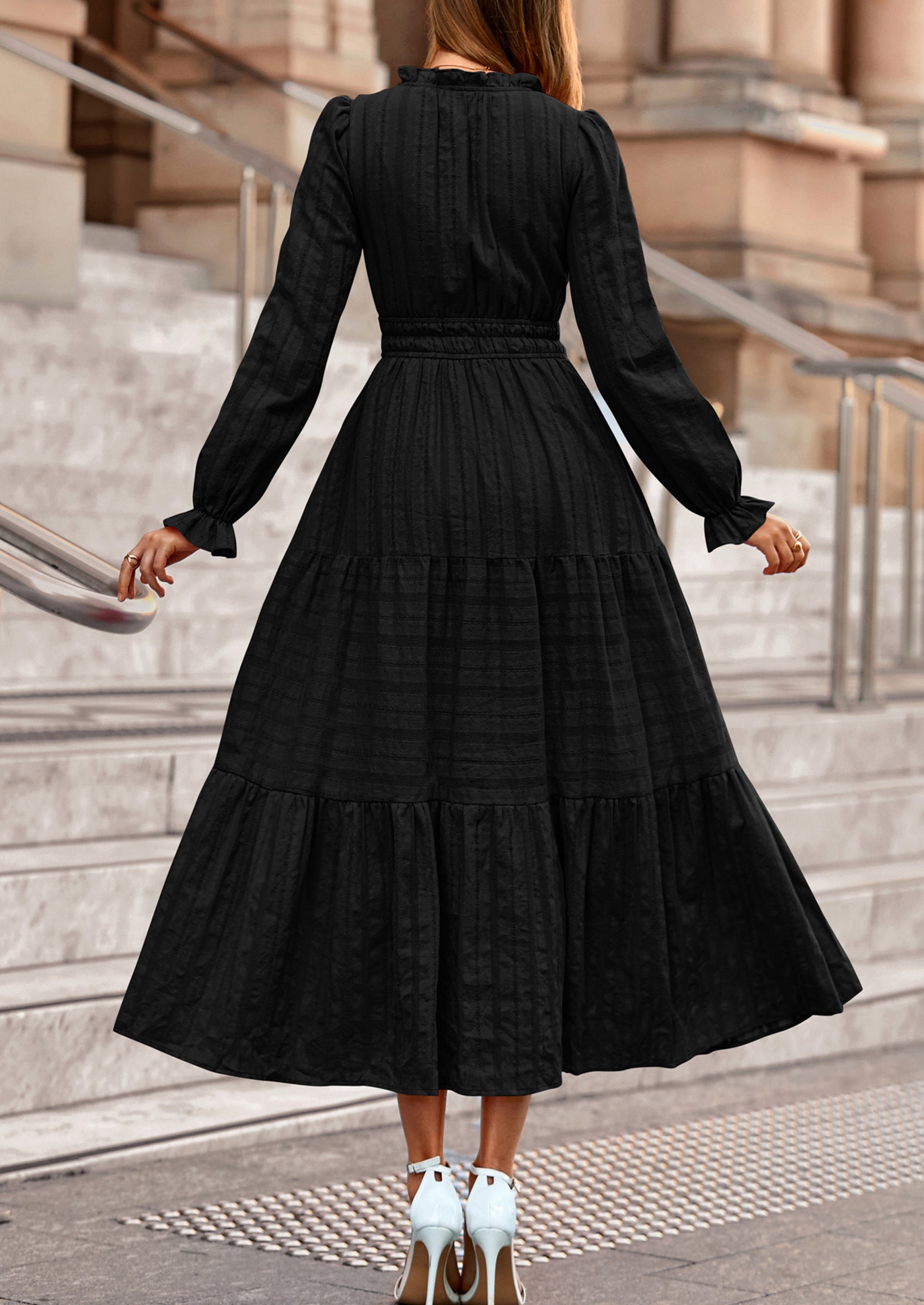 PRETTYGARDEN Women's Fall Wedding Guest Dresses Long Sleeve V Neck Flowy Elegant Holiday Party Maxi Dress with Pockets