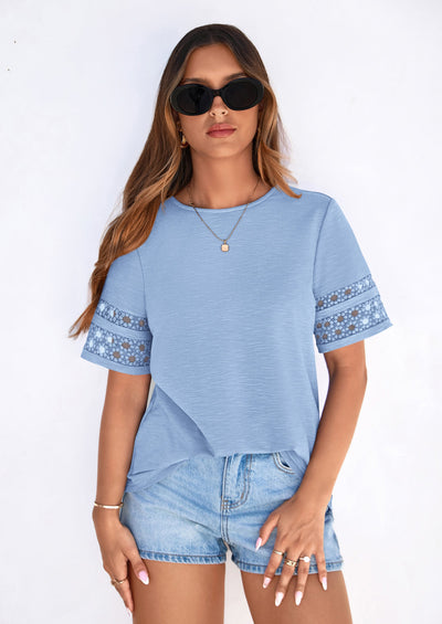 PRETTYGARDEN Summer Tops for Women Lace Short Sleeve T-Shirts Casual Blouses Spring Fashion Clothes Vacation Outfits PRETTYGARDEN